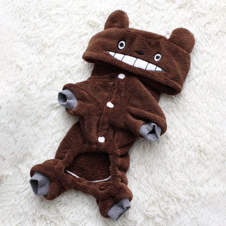 Brown chinchilla fleece dog costume with hood, paw pads, and cartoon face details.