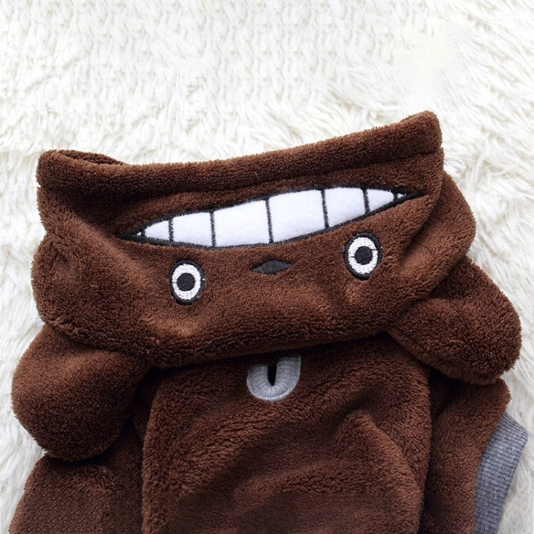 Brown chinchilla fleece dog coat close-up of hood and white snout patch.