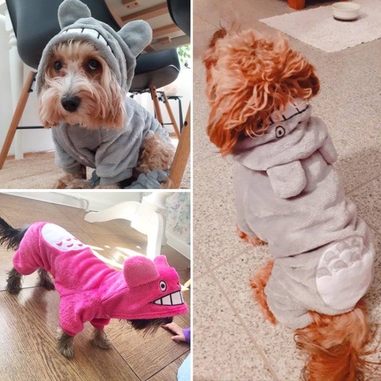 Gray and pink chinchilla fleece dog costumes shown on small dogs.