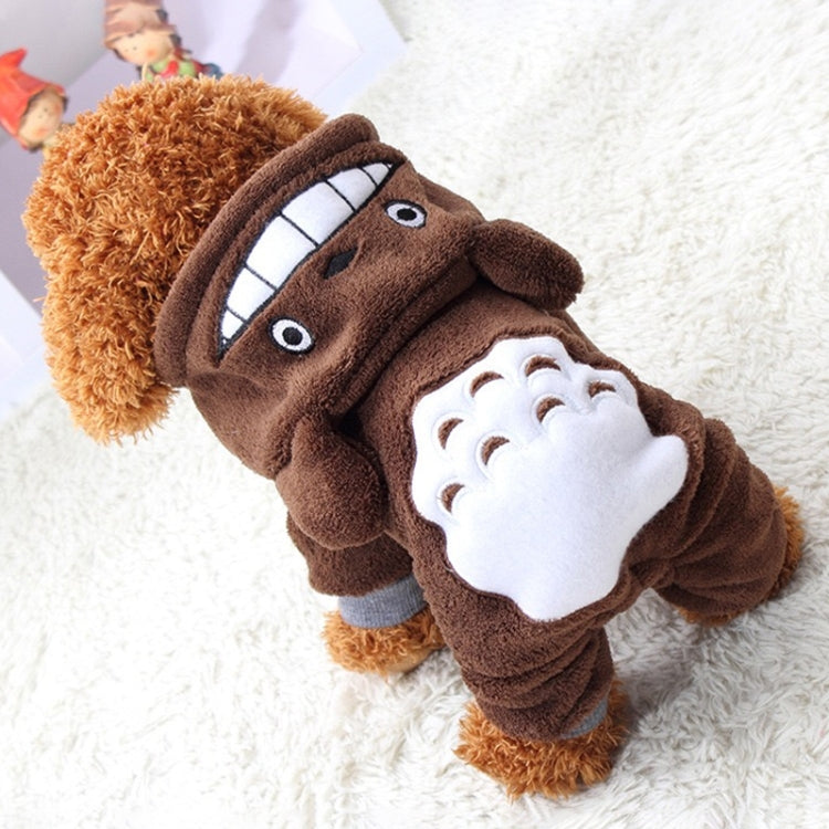 Brown chinchilla plush dog coat with hood, cartoon face panel and fluffy tail