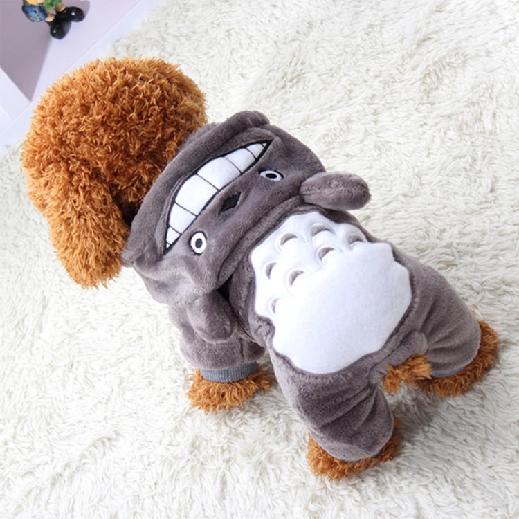 Gray chinchilla plush dog coat with hood, cartoon face and white muzzle patch