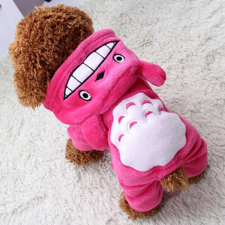Pink chinchilla plush dog coat with hood, close-up cartoon eyes and white muzzle