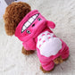 Pink chinchilla fleece dog coat costume with hood and cartoon face, padded belly
