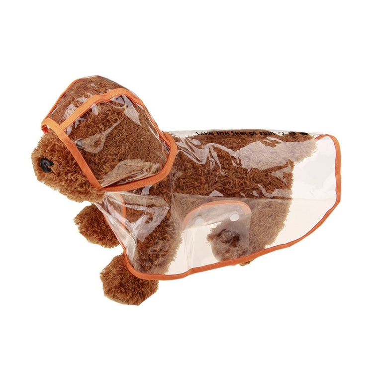 Hooded transparent dog raincoat with orange edging, shown on a brown dog.