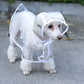 Hooded transparent dog raincoat in white, worn by a small white dog.