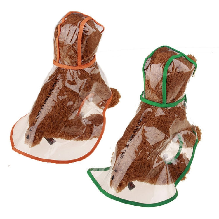 Transparent dog raincoats with hood: one orange-trimmed, one green-trimmed, side by side.