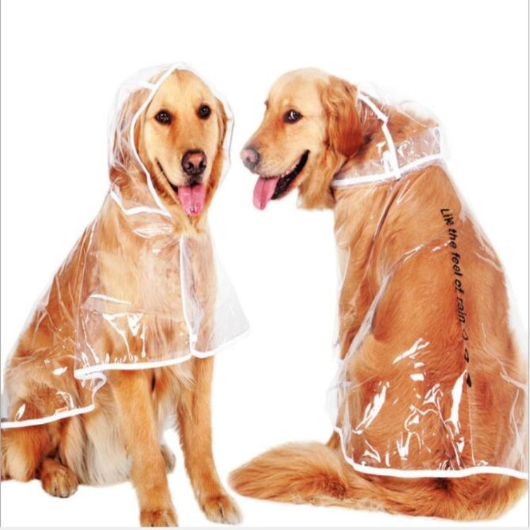 Two dogs wearing clear hooded raincoats, with connected adjustable neck ties.