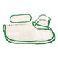 Green-trimmed transparent dog raincoat laid flat, with hood and adjustable straps.