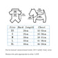 Dog raincoat size chart showing XS to XL measurements for back length and chest.