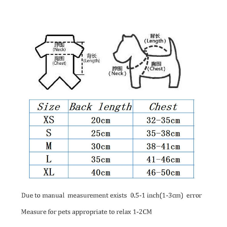 Dog raincoat size chart showing XS to XL measurements for back length and chest.
