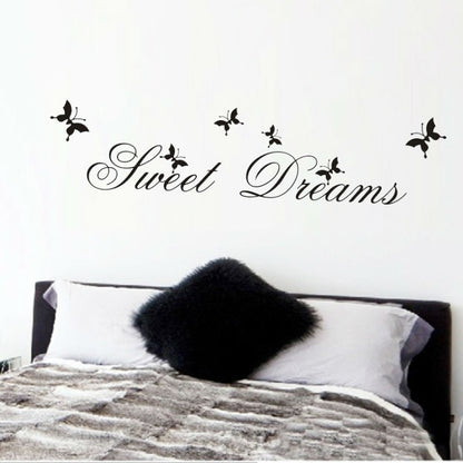 Black “Sweet Dreams” wall sticker with butterfly decals and ornate script