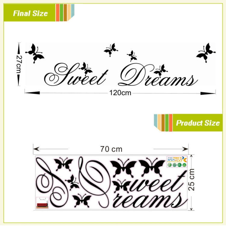 Sweet Dreams wall sticker size chart: 120 cm wide, 70 cm long, 25 cm tall