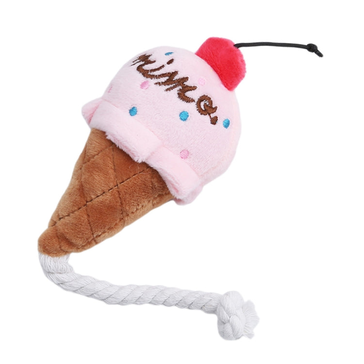 Pink plush ice cream cone squeaky pet toy with dangling white rope legs