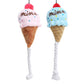 Pair of plush ice cream cone squeaky pet toys: pink and blue with white rope legs