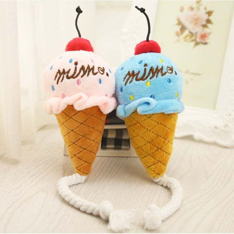 Pink and blue plush ice cream cone squeaky pet toys on white rope legs