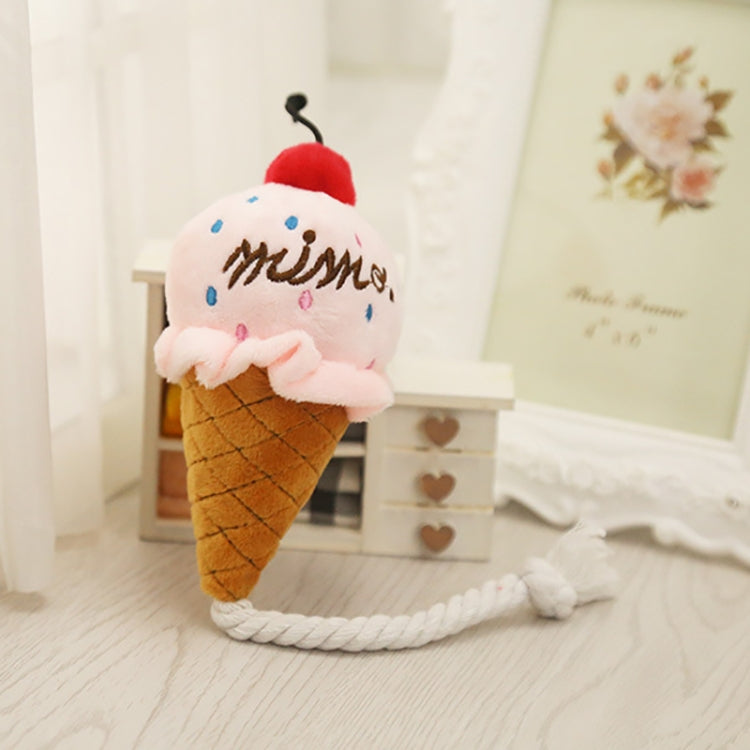 Pink plush ice cream cone squeaky pet toy with red cherry top and white rope legs
