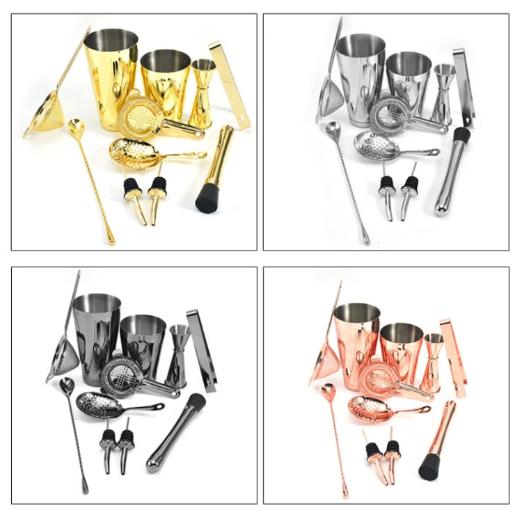 Cocktail mixing set tools shown in gold and silver colors, with strainers and spoons