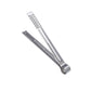 Stainless steel tong-style food clip with serrated jaws and rounded end