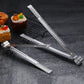 Stainless steel food clip with serrated jaws and curved tong handles