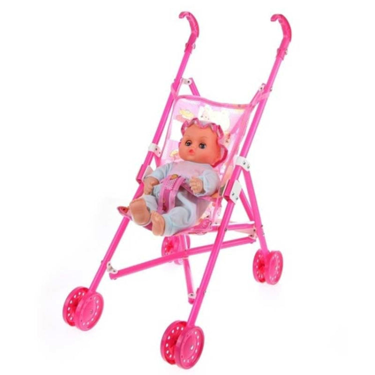 Pink plastic baby doll stroller with seated baby doll and sheer fabric basket
