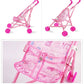 Pink doll stroller set with mesh seat showing printed patterns and side view details