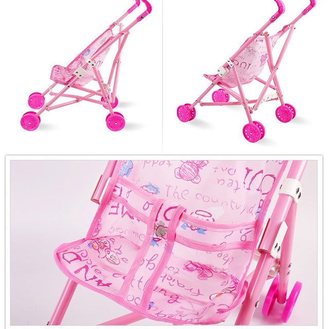 Pink doll stroller set with mesh seat showing printed patterns and side view details
