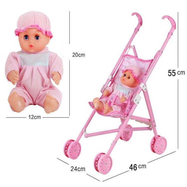 Plastic baby doll stroller set in pink with seated doll and size diagram