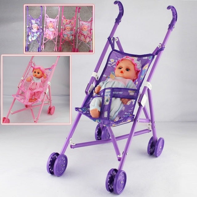 Purple plastic baby doll stroller with seated baby doll and mesh seat panel