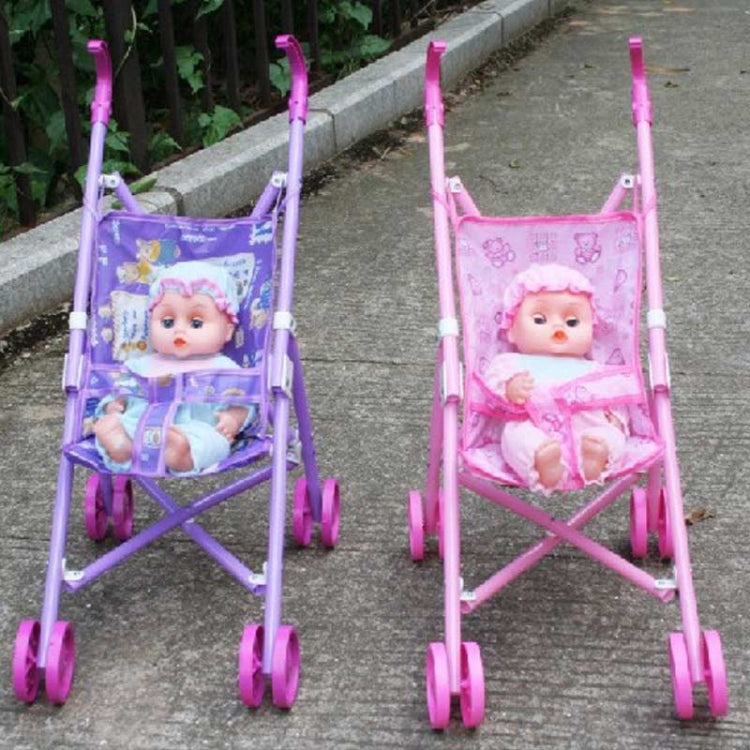 Pink and purple plastic baby doll strollers side by side with seated dolls