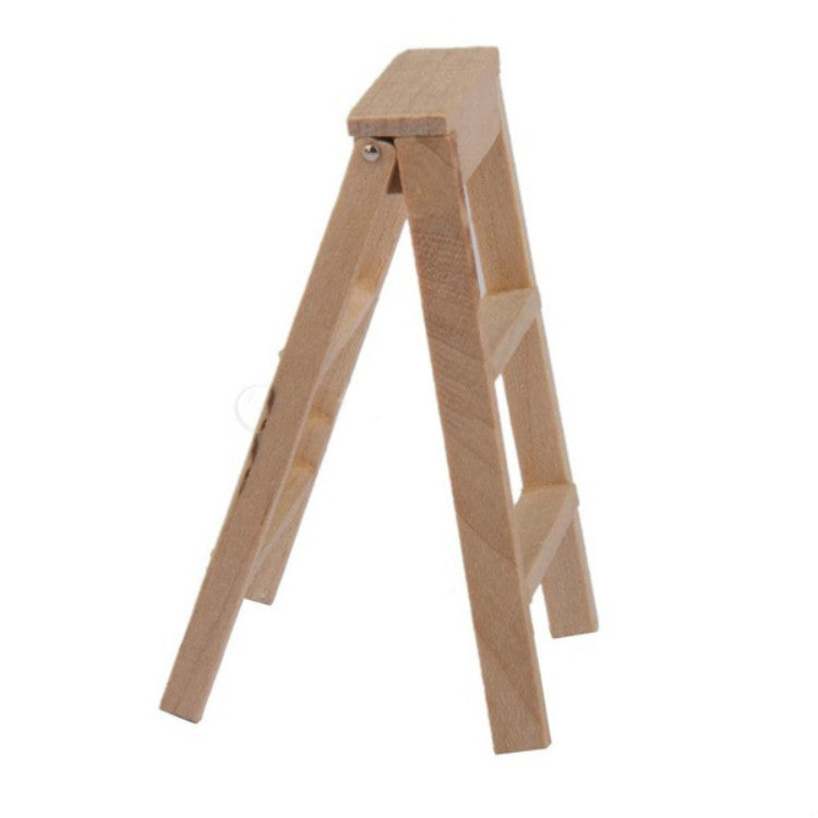 Miniature wooden step ladder with angled legs and three rungs, light wood