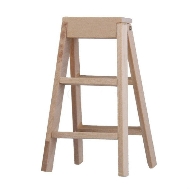 Miniature wooden ladder with wide top step and three open rungs, light wood