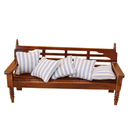 Mini wooden dollhouse bench with striped blue-and-white pillows