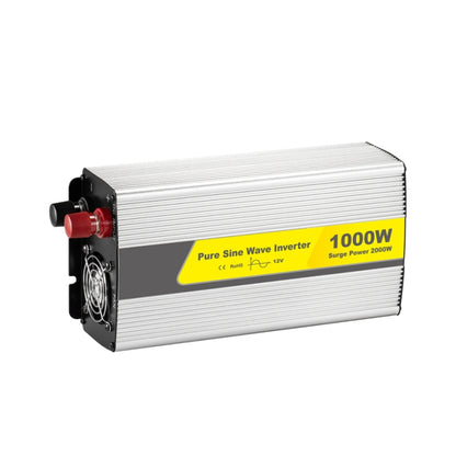 Pure sine wave car power inverter, silver housing with fan and red DC terminals