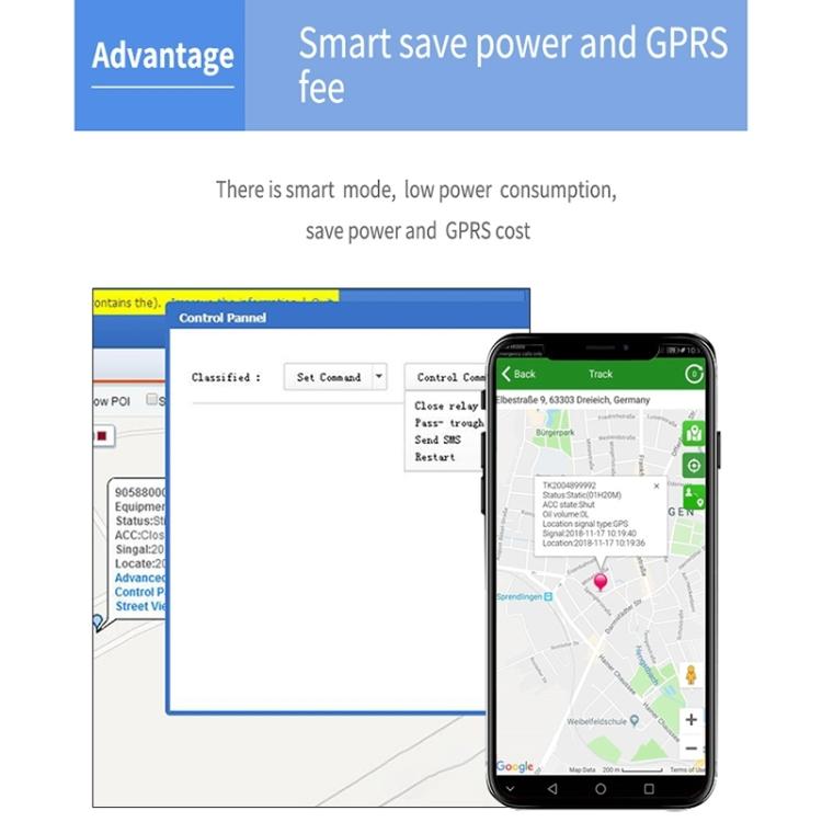 Smartphone app screen showing 4G GPS vehicle tracking map, routes, and status