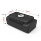 Black GPS tracker with dimensions, top emblem and side ports/buttons visible