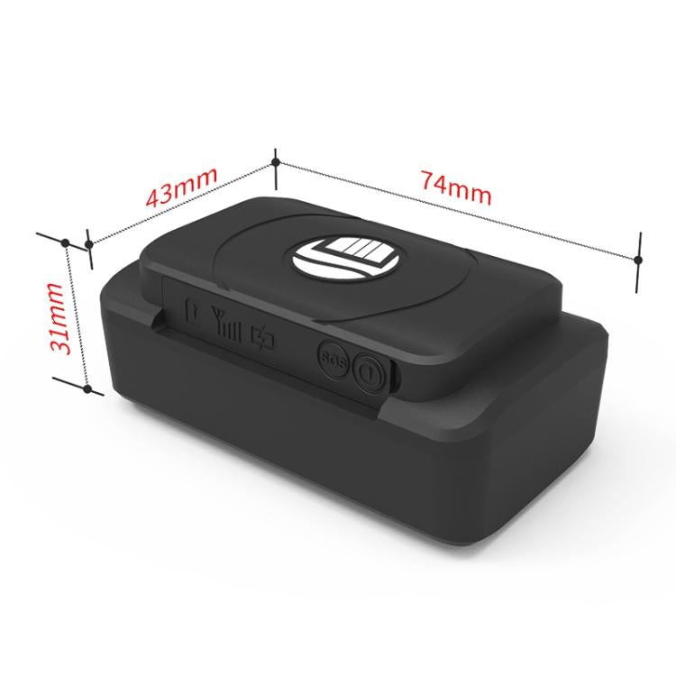Black GPS tracker with dimensions, top emblem and side ports/buttons visible