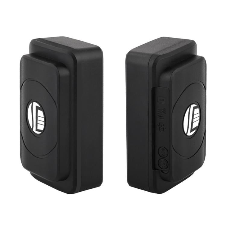 Pair view of black 4G GPS vehicle tracker, showing front and back panels