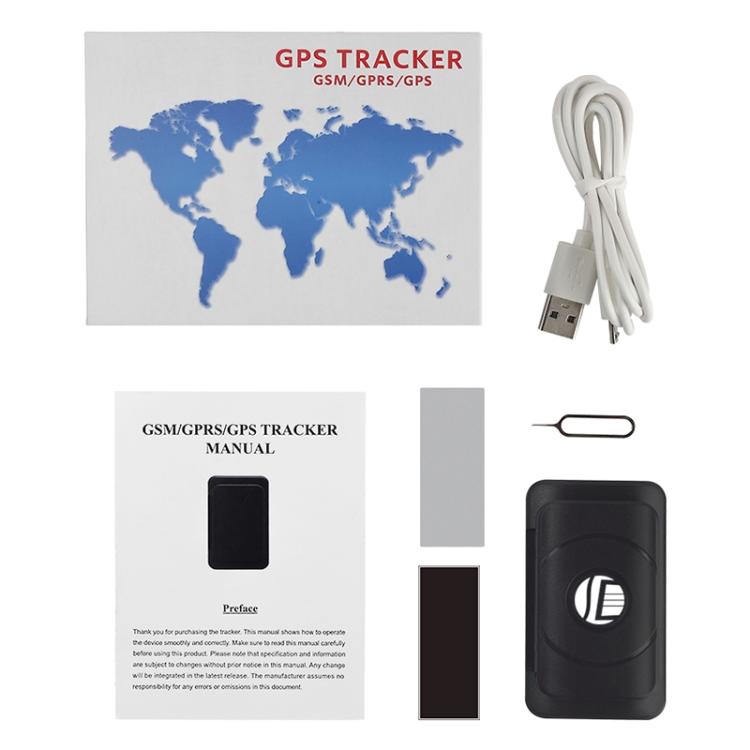 GPS tracker kit with instruction card, device, and white USB cable