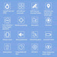 GPS tracker feature icons on blue background, including geo-fence and SOS alarm