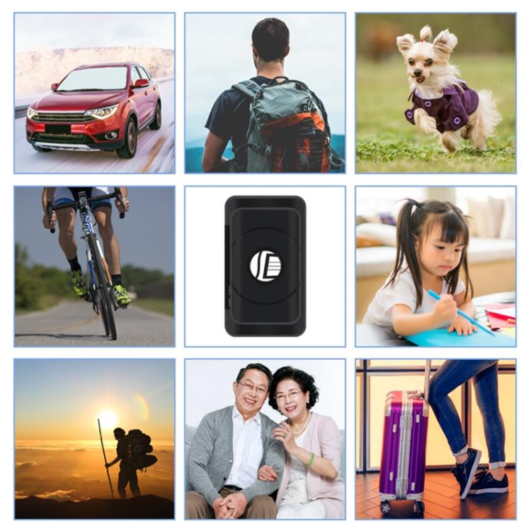 Black GPS tracker device with lifestyle examples for cars, bikes, pets, and children