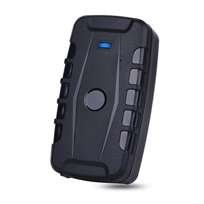 Black GPS tracker case with blue status window and side mounting latches
