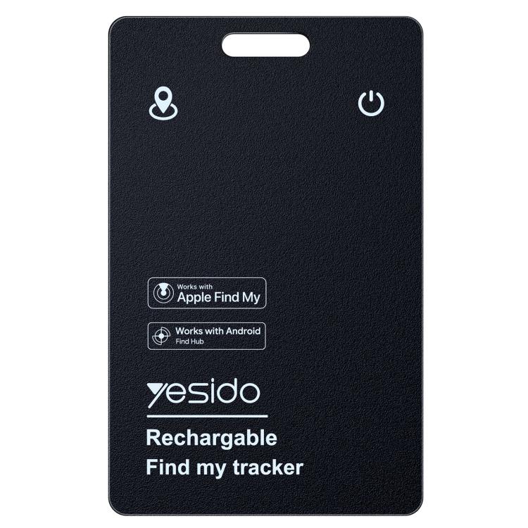 Rechargeable anti-loss card tracker, black front with button and Find My icons