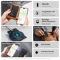 Rechargeable anti-loss card tracker with detail icons: battery, water resistance, range