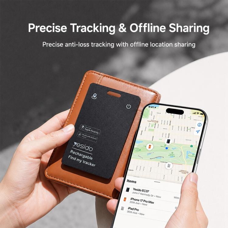 Rechargeable anti-loss card tracker in hand, black-and-tan cover shown with map phone