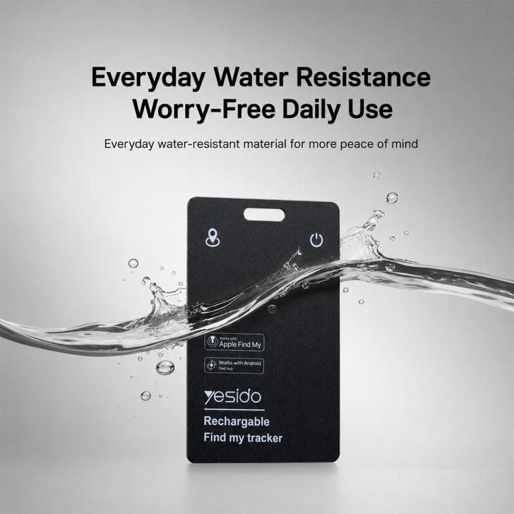 Water-resistant anti-loss card tracker with droplets splashing around black card