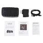 Black GPS tracker with power adapter, USB cable, and instruction manuals