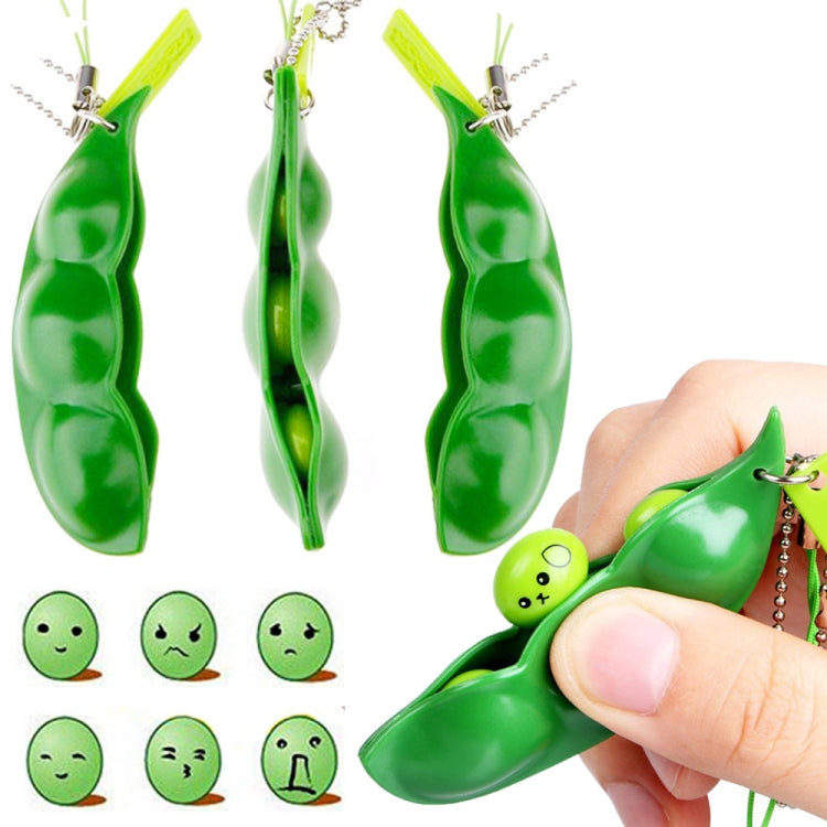 Set of green extrusion pea stress keychain pods with keyrings and short chains