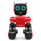 Front view red toy robot with glowing blue ring eyes and smiling LED display.