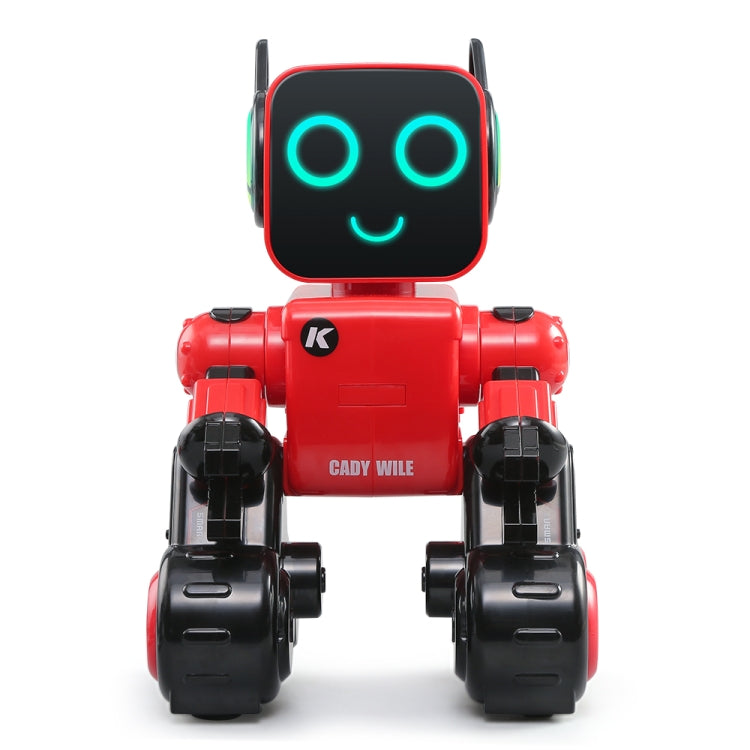 Front view red toy robot with glowing blue ring eyes and smiling LED display.