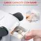 Toy money bank robot with key-open coin compartment, red-and-white body